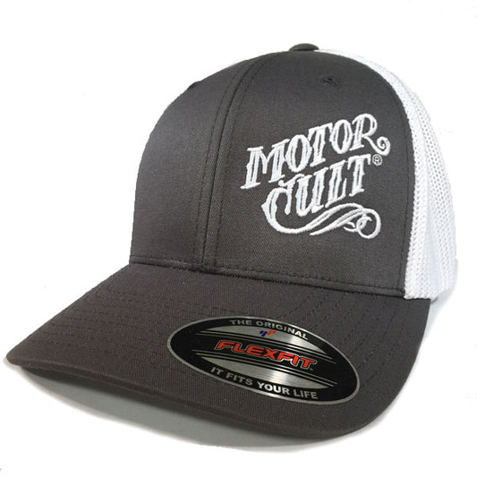 HIGH VOLTAGE - FLEXFIT TRUCKER HAT WHITE / GREY - MOTORCULT - MotorCult