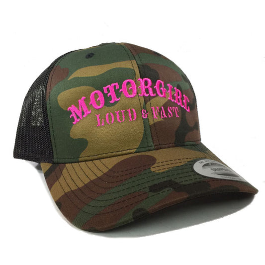 LOUD AND FAST - SNAP BACK CURVED BILL TRUCKER - CAMO - MOTORGIRL - MotorCult