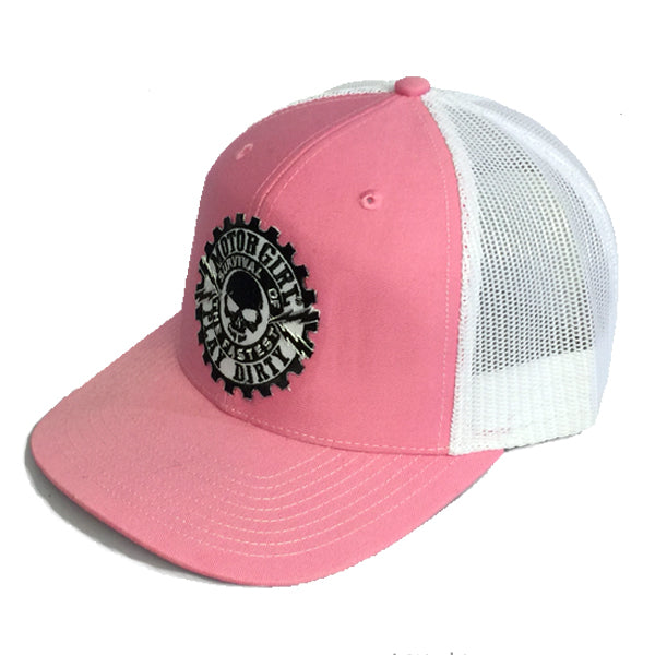 PLAY DIRTY - SNAP BACK CURVED BILL TRUCKER HAT - PINK / WHITE - MOTORGIRL - MotorCult