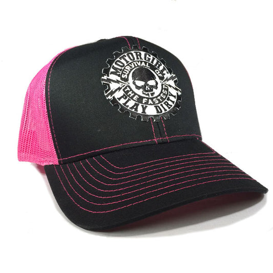 PLAY DIRTY - SNAP BACK CURVED BILL TRUCKER HAT - PINK / BLACK - MOTORGIRL - MotorCult