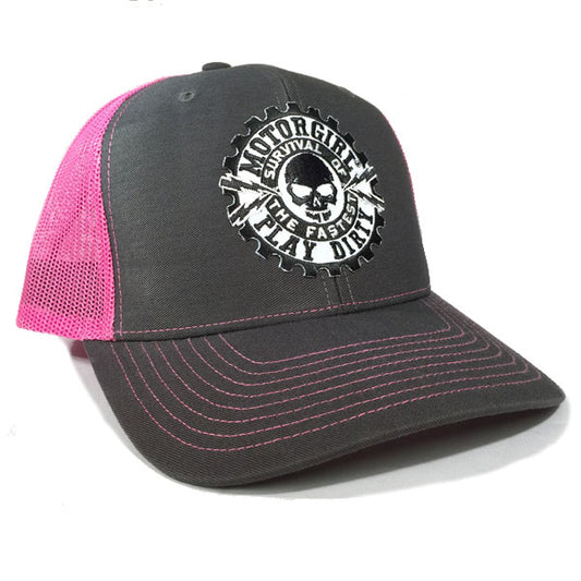 PLAY DIRTY - SNAP BACK CURVED BILL TRUCKER HAT - PINK / GREY - MOTORGIRL - MotorCult