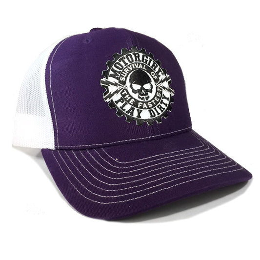 PLAY DIRTY - SNAP BACK CURVED BILL TRUCKER HAT - WHITE  / PURPLE - MOTORGIRL - MotorCult